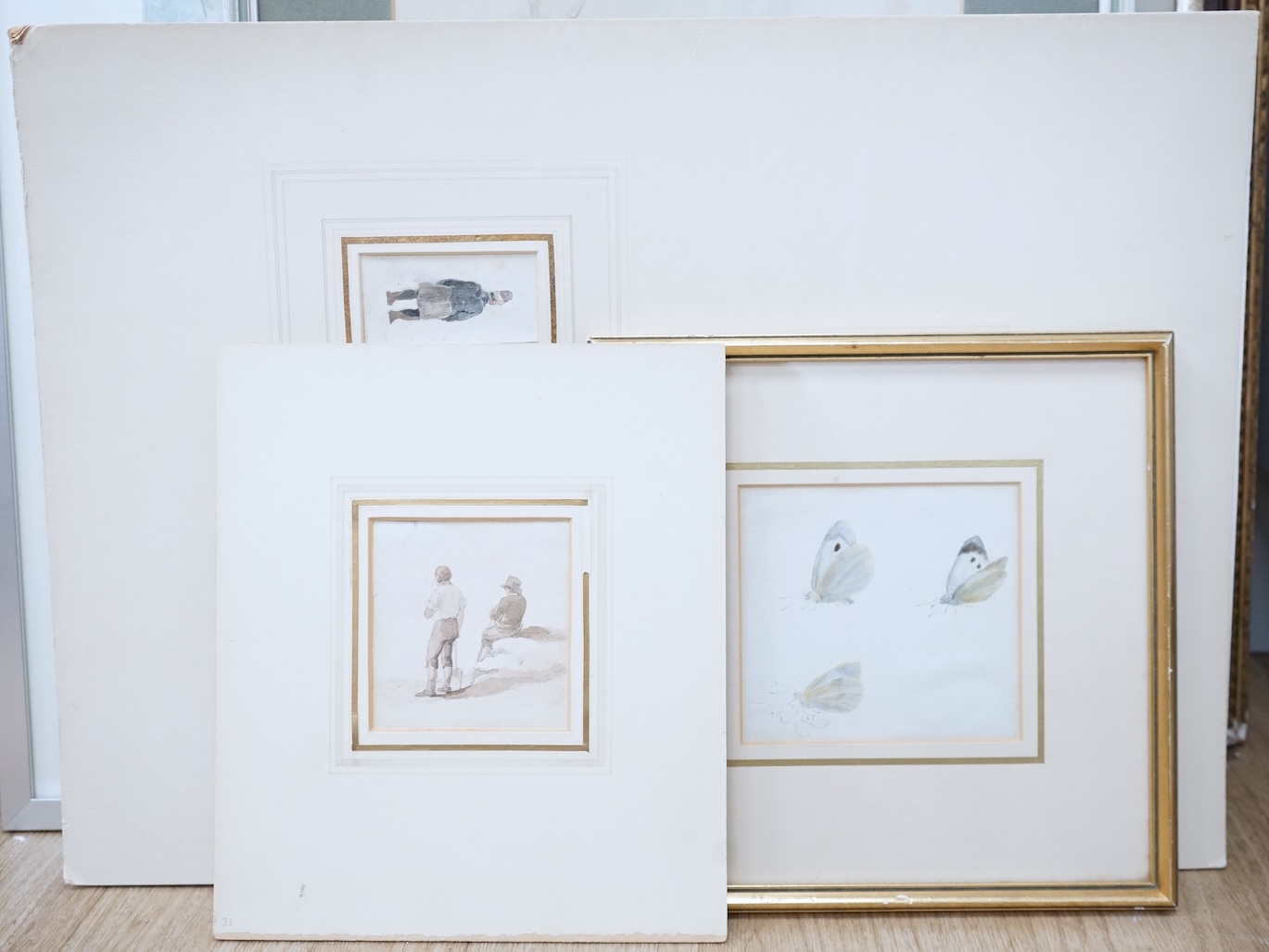 Manner of Helen Allingham (1848-1926), five miniature watercolours, comprising Studies of figures and large white butterflies, three mounted as one, one with details verso, largest 12 x 12cm, one framed